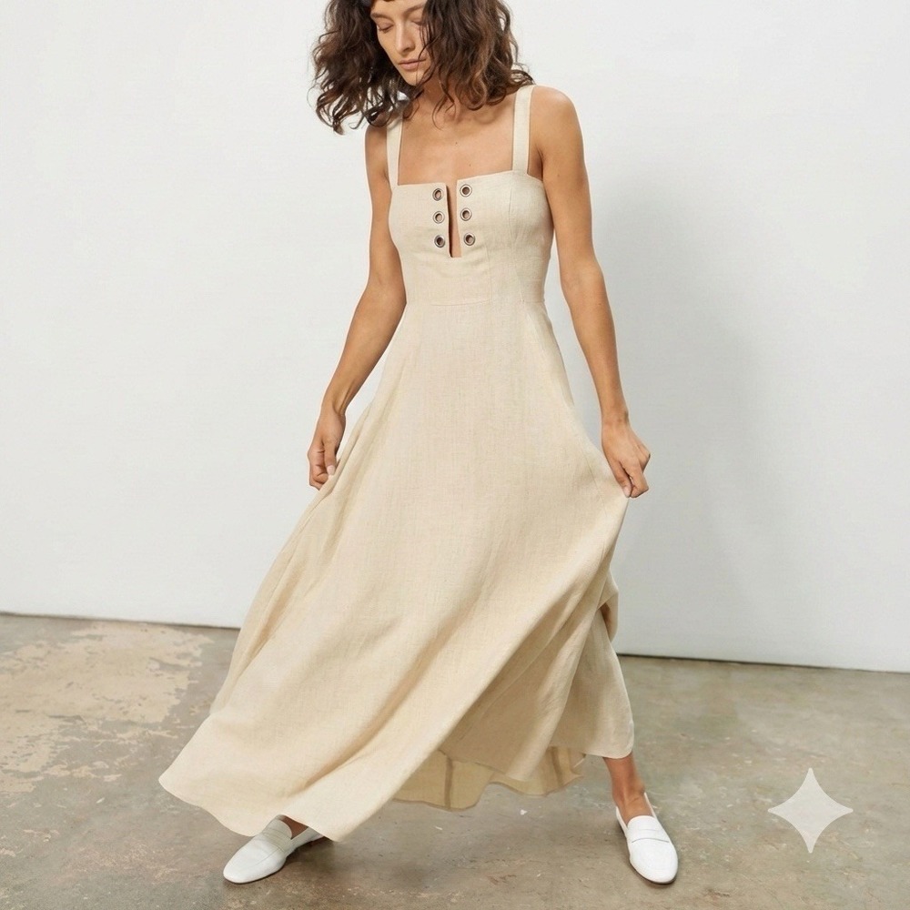 Mara Hoffman Mei‎ Hemp Maxi Dress 6 Tan Grommet USA Boho Cottagecore Beach Vaca